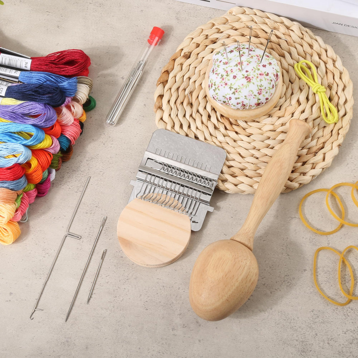 PHOXPH Mini Darning Loom Kit, Egg Knit Patch Kit, PatchMaker Mending Tool with 50 Colors Yarn, 14 Hooks, Weaving Loom for Socks, Jeans & Sweaters, Clothes Repair, Fixing Kit for Beginners (Egg Set)