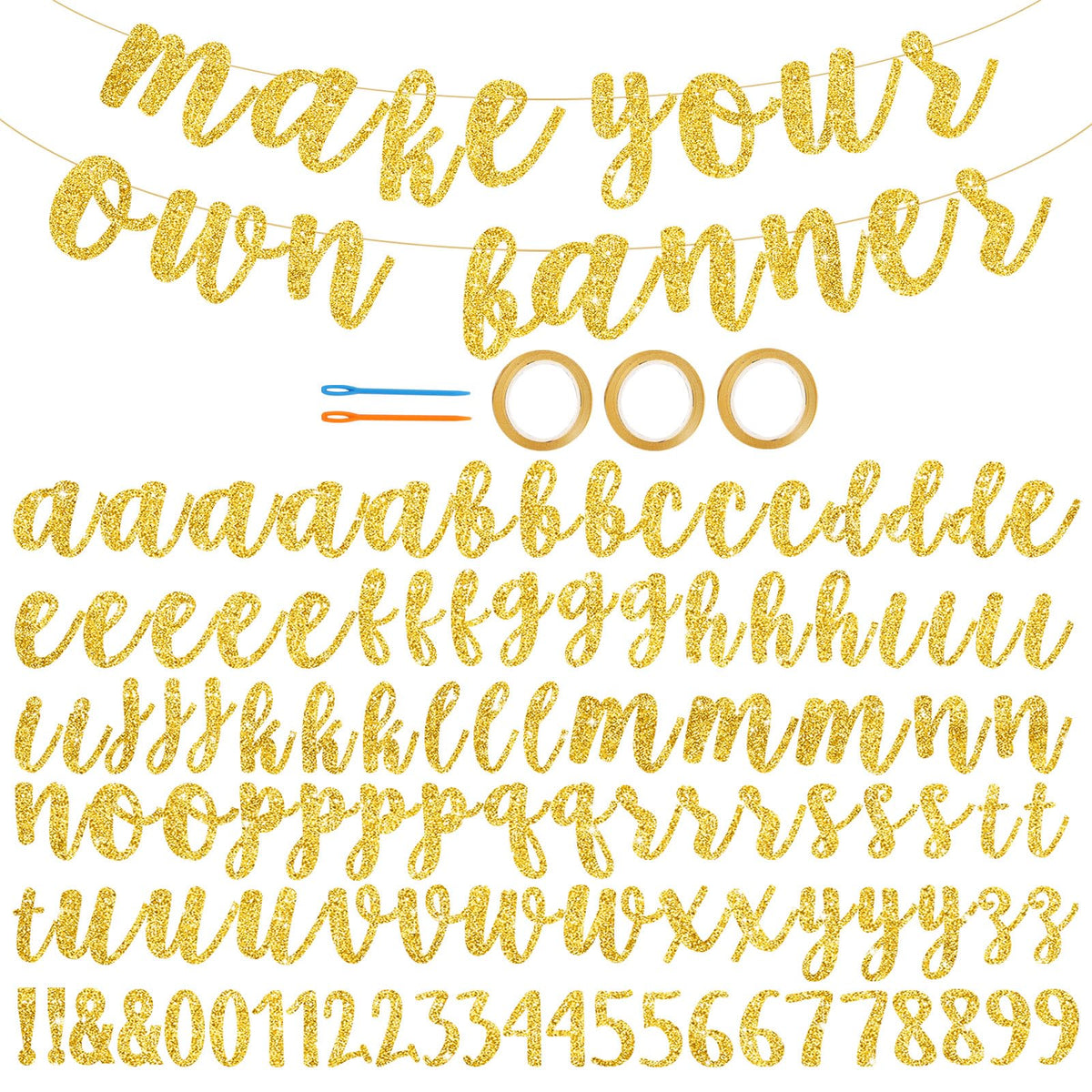 BEISHIDA Glitter Gold 116 PCS A-Z DIY Letter Banner Kit Make Your Own Banner，Including 111 Letters and Numbers 3 Rope and 2 Threading Device,Customized for Birthday Graduation Wedding Party Decor