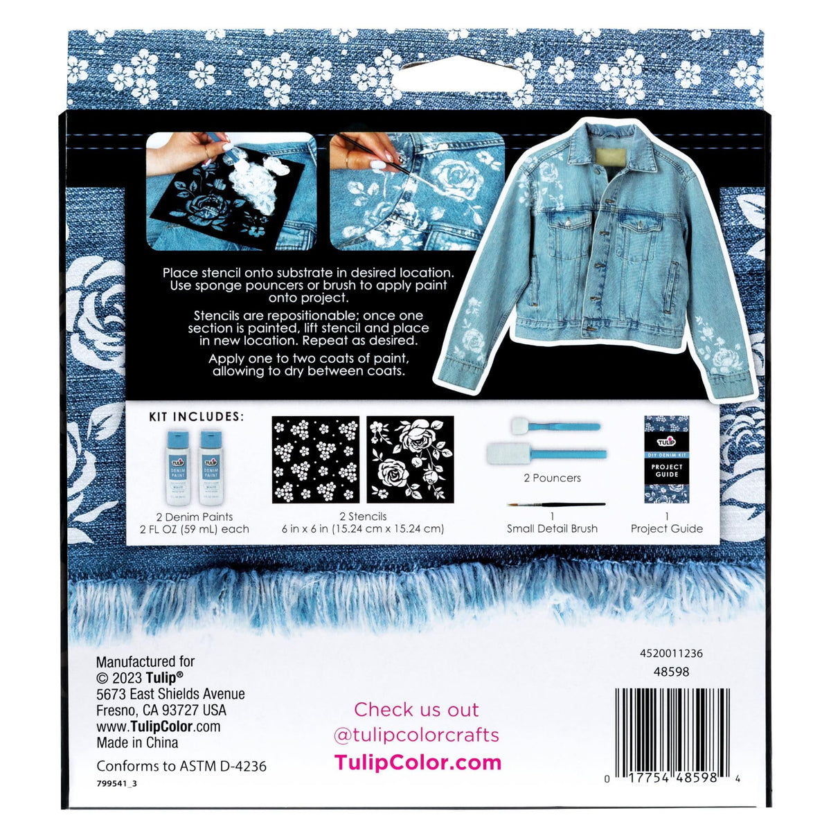 Tulip Denim Paint Stencil Kit, Permanent Paints, Beginner Friendly Craft Kit, Includes Stencils, Pouncers, Brush Tools and Easy Project Guide, 8 Pieces