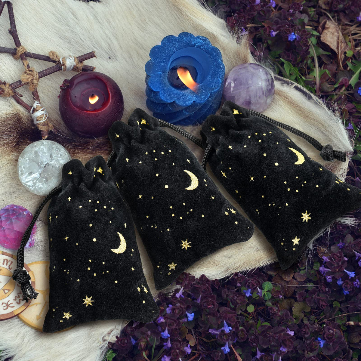 Hillban 30 Pcs 2 x 3 Inch Small Black Velvet Drawstrings Bags Bulk for Jewelry Moon Star Pouch with Drawstrings Jewelry Bags for Tarot Gift Packaging Graduation Wedding Anniversary Eid Mubarak