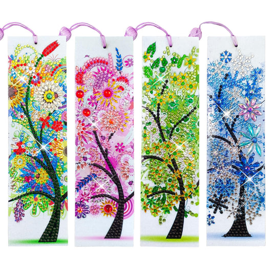 4 Pcs LINGFANG Diamond Painting Bookmark, Leather DIY Book Makers for Adults Book Lovers, Diamond Art Beginners, Small Diamond Art Kits, Paint by Art Crafts Supplies Gift for Girls (Season Tree)
