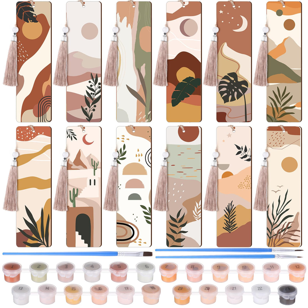 Kosiz 12 Pcs Boho Paint by Numbers Kit for Adults Wood Bookmark Painting Decor Mini Paint by Numbers Kit Tassels Blank Bookmarks Craft for Small DIY Book Lovers Gift 7x2 ''