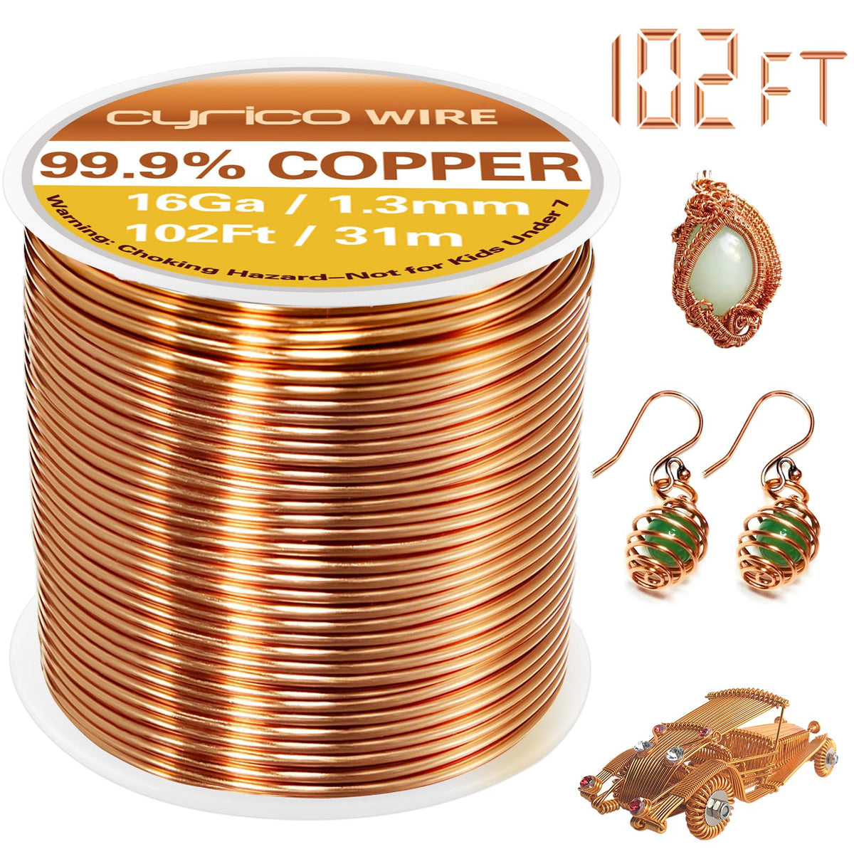 99.9% Pure Copper Wire, 16 Gauge 102 Feet Solid Copper Wire for Jewelry Making Crafts, Electroculture Gardening Antenna, Cyrico Bendable Soft Wire for Plants