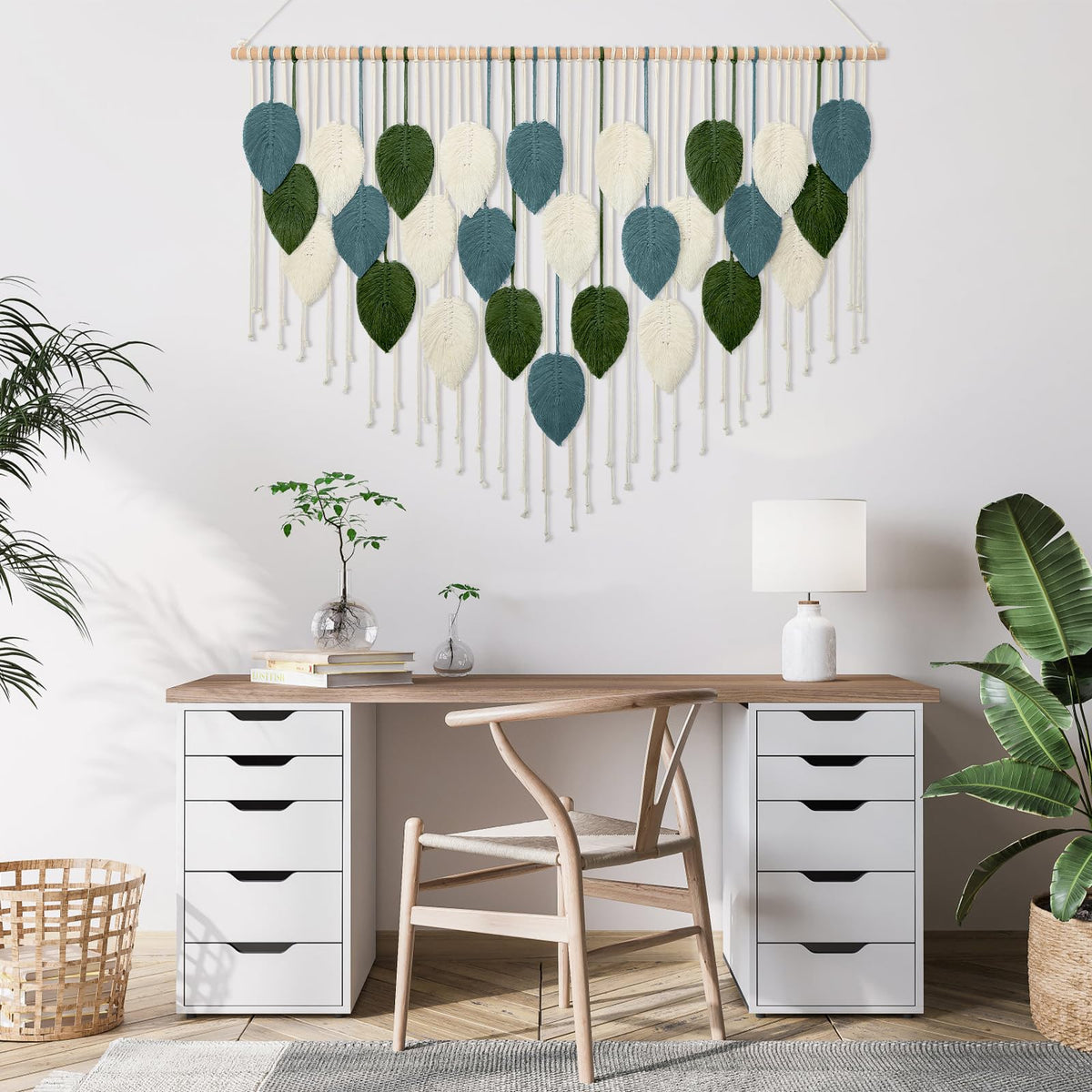 KHOYIME Macrame Wall Hanging Large Boho Home Decor, Bohemian Leaves Tapestry Modern Handmade Yarn Woven Feather Leaf Chic Wall Art Decorations for Bedroom Living Room Nursery Backdrop 51.5"W X 33.5"L
