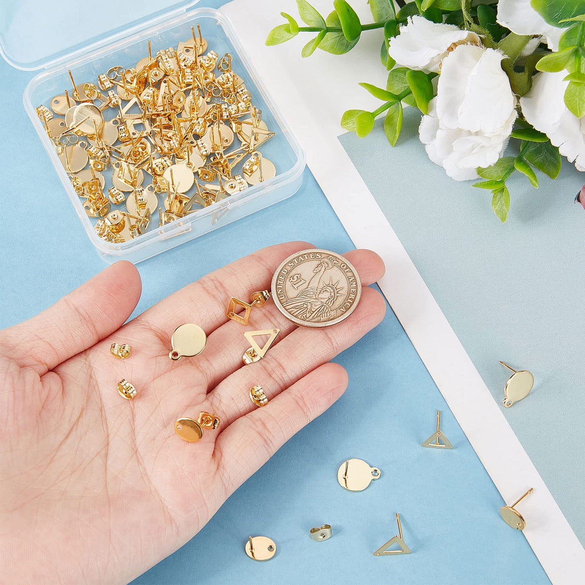 Beebeecraft 1 Box 80Pcs 4 Style 24K Gold Plated Stud Earring Findings Stainless Steel Triangle Oval Rhombus Flat Round Stud Earring Posts with Loop and Ear Nuts for Women Jewelry Making