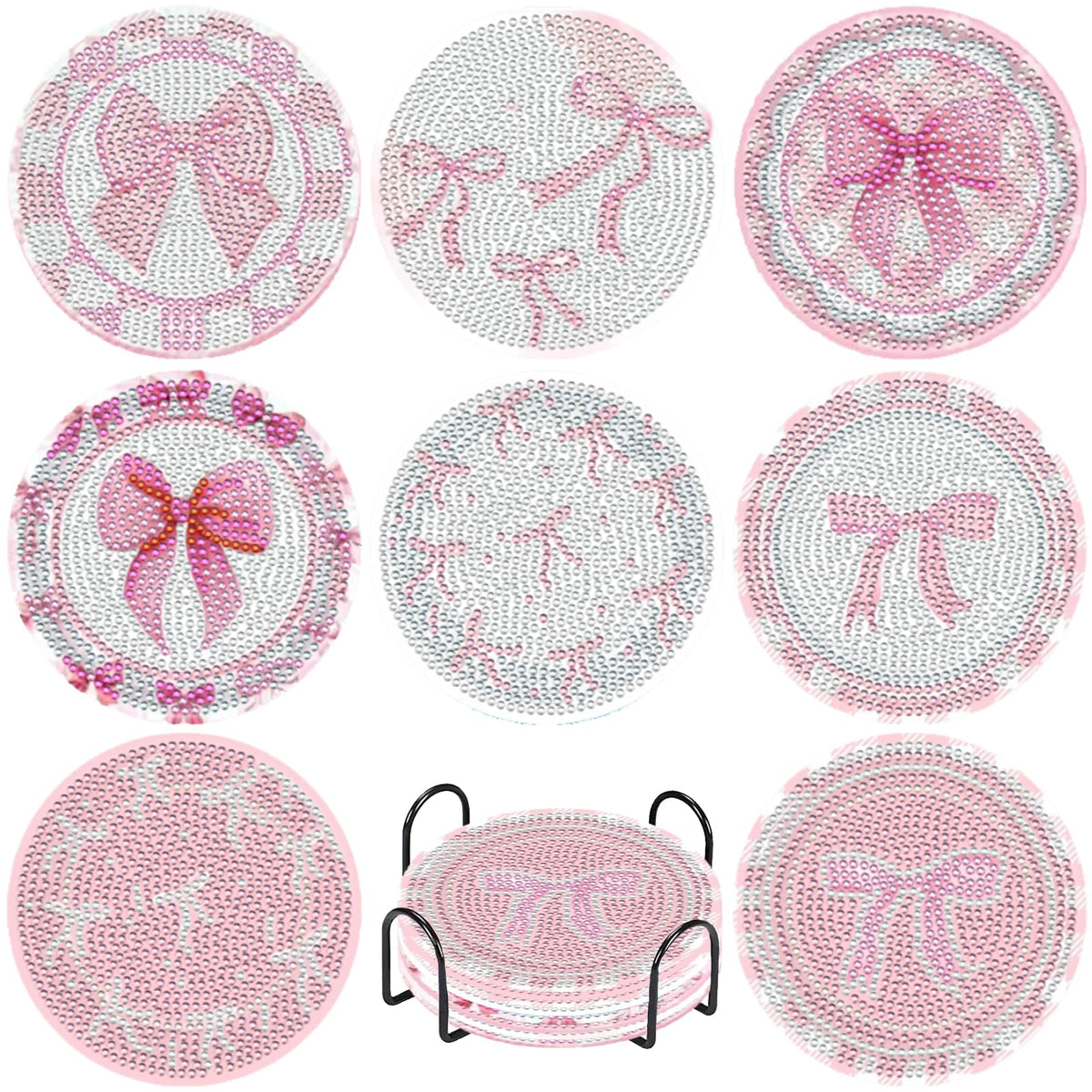 8 Pcs Diamond Painting Coasters,Diamond Painting Kits,Pink Bow Diamond Art Coasters,5D DIY Full Drill Diamond Dots,Gem Art Kits for Adults Arts and Crafts Supplies