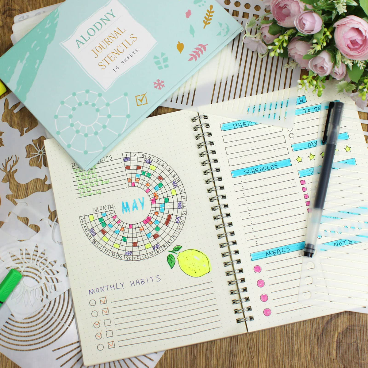 ALODNY 16 Pcs Journal Stencils Set - Time Saving Bullet Journaling Supplies/Accessories Kit -Ultimate Productivity Planner Stencil for Bullet Journal Stencils A5 Dotted Journals