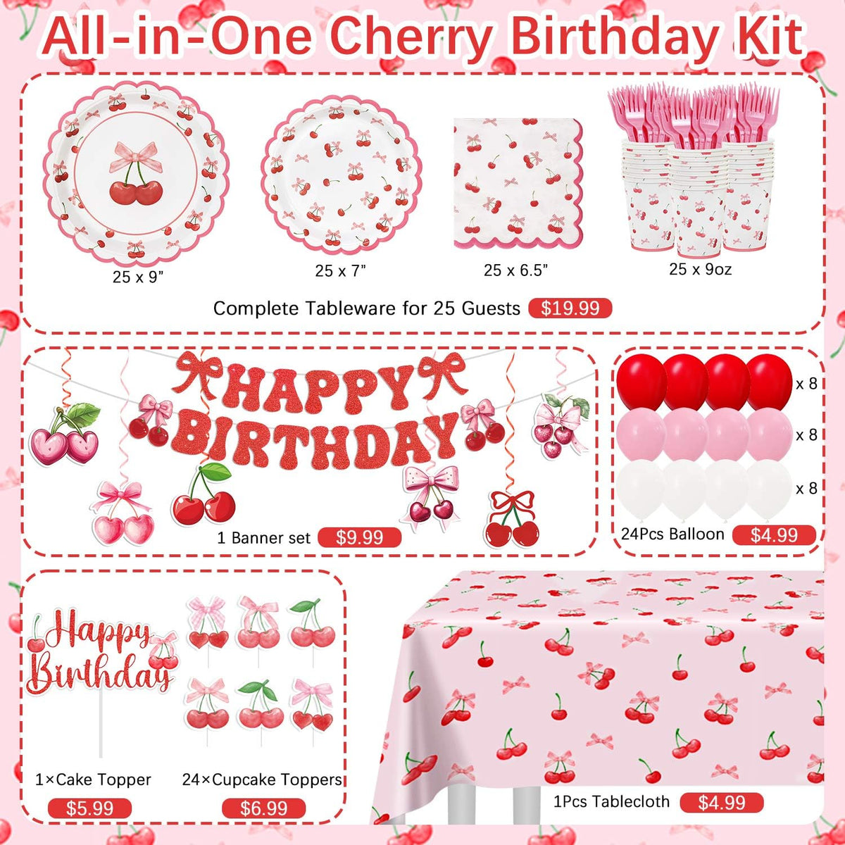 Cherry Birthday Decorations, 182Pcs Cherry Plates Napkins Cups Forks Tablecloth Banner Hanging Swirls Cupcake Toppers and Ballons for Cherries Themed Party Decorations