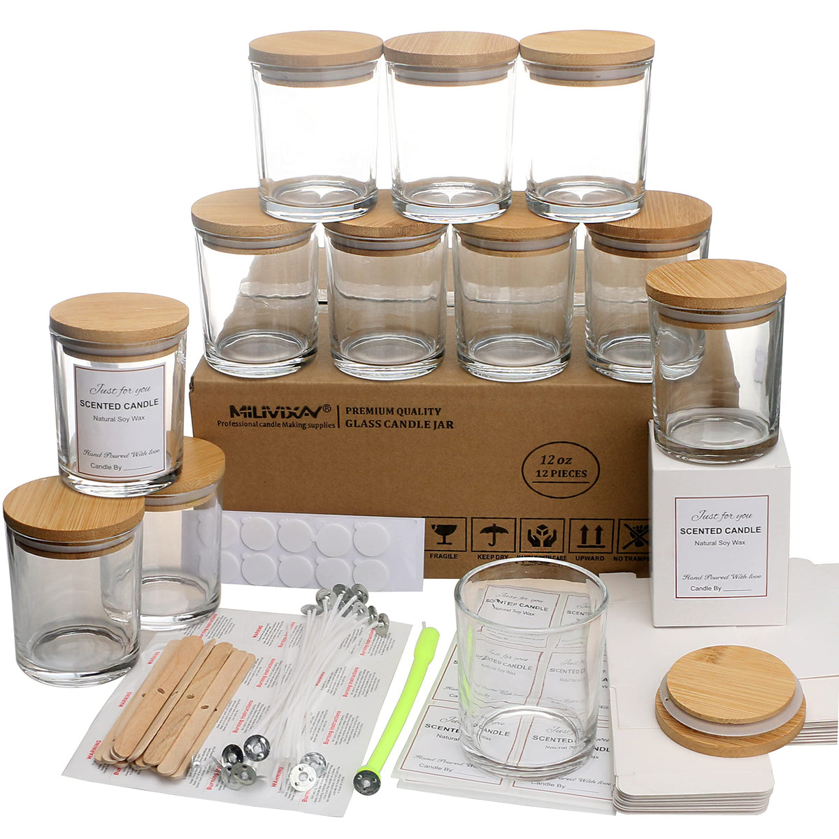 MILIVIXAY 12 Pack 12 OZ Clear Glass Candle Jars with Lids and Candle Making Kits - Bulk Empty Candle Jars for Making Candles - Spice, Powder Containers.