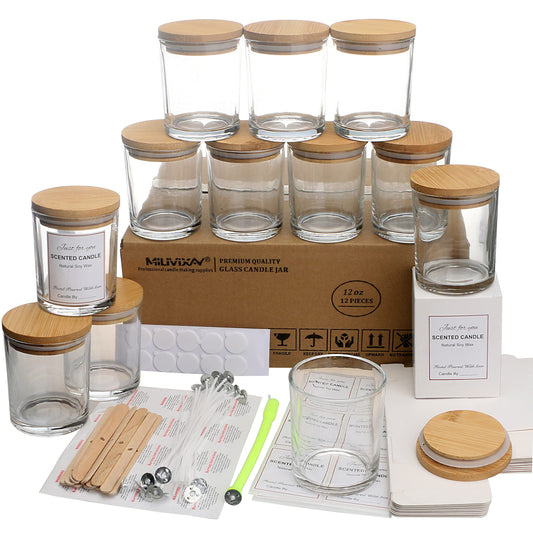 MILIVIXAY 12 Pack 12 OZ Clear Glass Candle Jars with Lids and Candle Making Kits - Bulk Empty Candle Jars for Making Candles - Spice, Powder Containers.