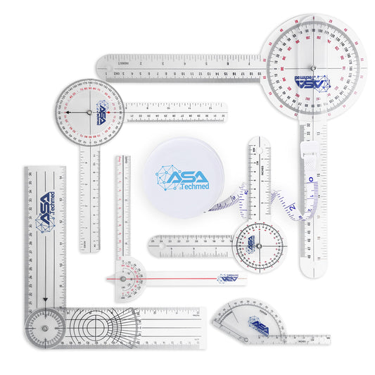 ASA TECHMED Goniometer Complete Set 6 Pieces + Body Measuring Tape - Physical Therapy, Occupational Therapy, Fitness, Medical Protractor Angle Ruler 12/8/6 Inches