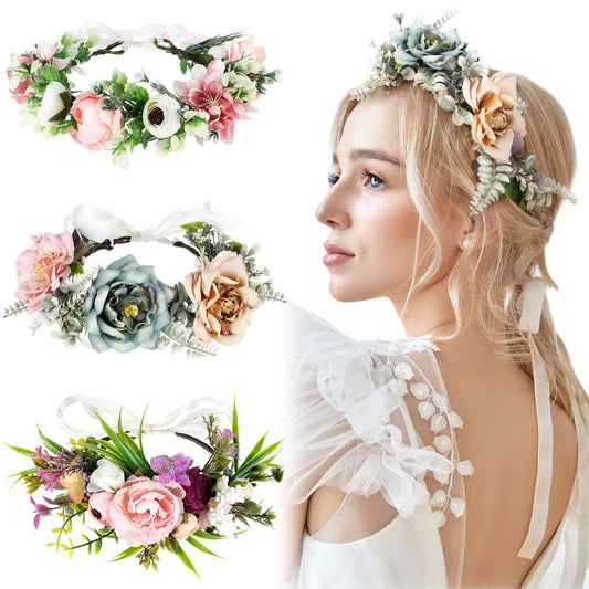 Bencailor 3 Pcs Flower Crowns Women Boho Flower Headband Hair Wreath Floral Girls Headpiece with Ribbon for Wedding Festival Photos Accessories Party(Elegant Color)