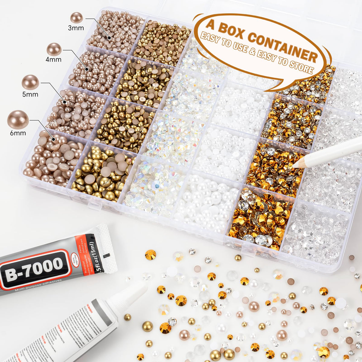 14400PCS Flatback Rhinestones Half Pearls for Crafts, Champagne Gold Resin Rhinestones Mixed Size 3mm-6mm, Flat Back Rhinestones for Bedazzling DIY Shoes Clothes with 2pcs B7000 Glue