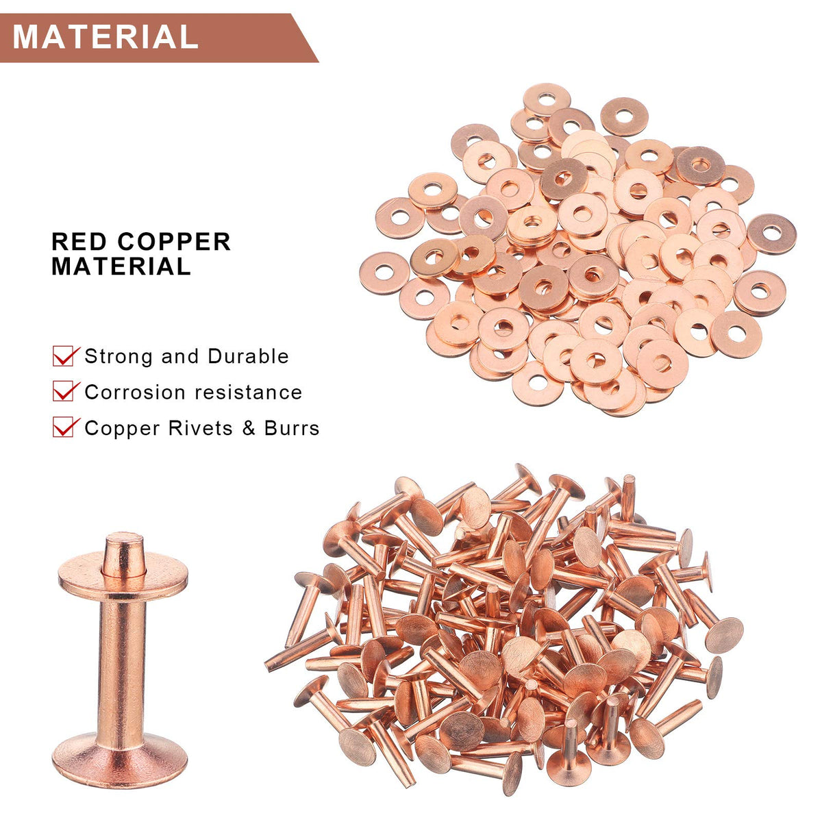 Ripeng 400 Pcs Size 9 3/4 Inch Copper Rivets and Burrs Washers Leather Fastener Kit for DIY Craft Belts Wallets Collars Handbags Shoes Leather Working Supplies