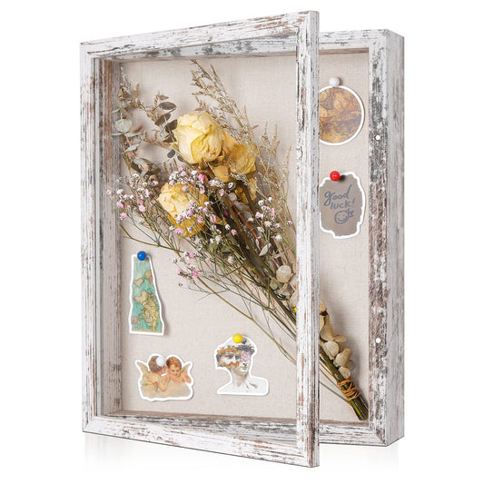 Califortree 11x14 Shadow Box Frame with Linen Back - Sturdy Rustic Memory Display Case of Flower, Pictures, Medals and More, Distressed White