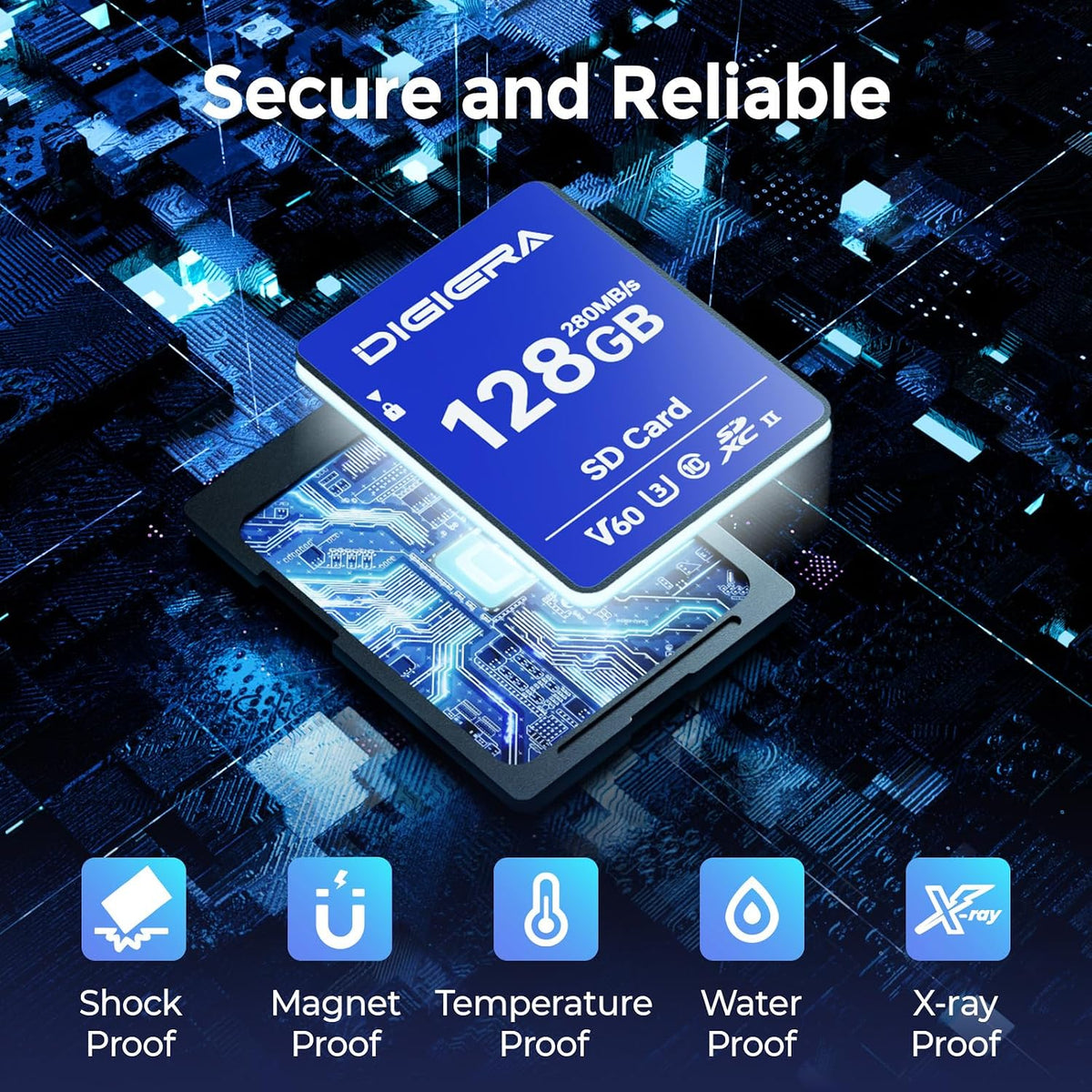 DIGIERA 128GB LSU100 280MB/s, C10, U3, V60, 6K, (1 Pack) SDXC UHS-II Memory Card - up to SD Card for Computers, Digital