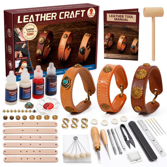 CBHGFEA Leather Crafting Kit, Leather Working Kit, Craft Kits for Adults, Leather Crafting Tools with a Wristband Making Video Tutorial for DIY Beginners