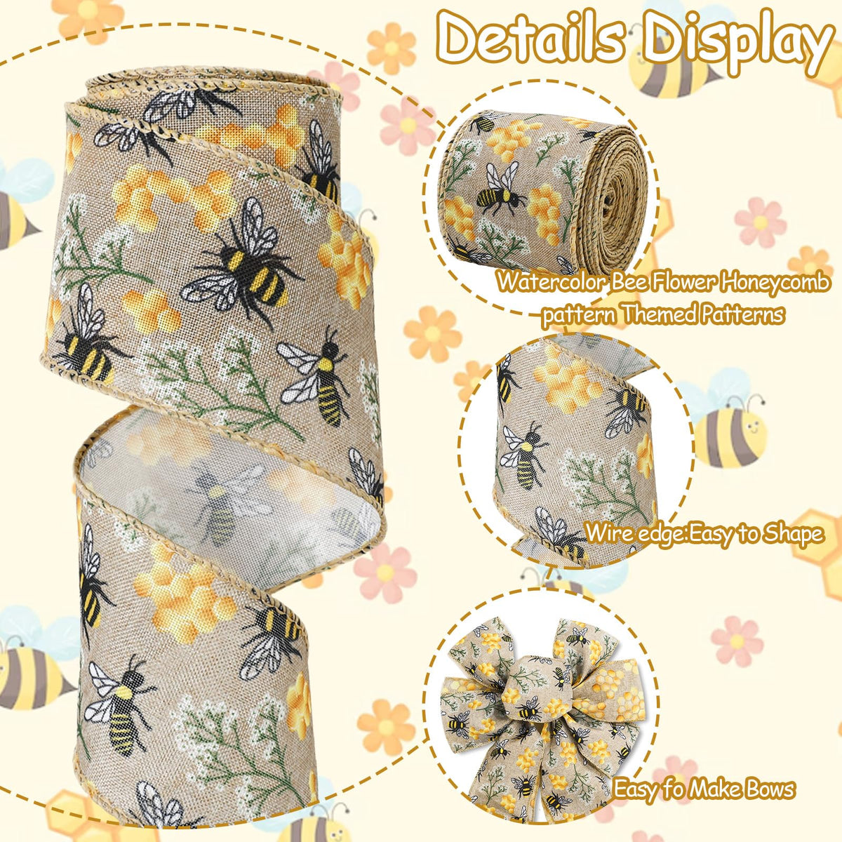 JarThenaAMCS 2 Rolls Bee Wired Edge Ribbons Craft Ribbon 2.5 in 20 Yards Bumble Bee Honeycomb Fabric Wrapping Ribbon for Bow Wreath Summer Party Home Decor
