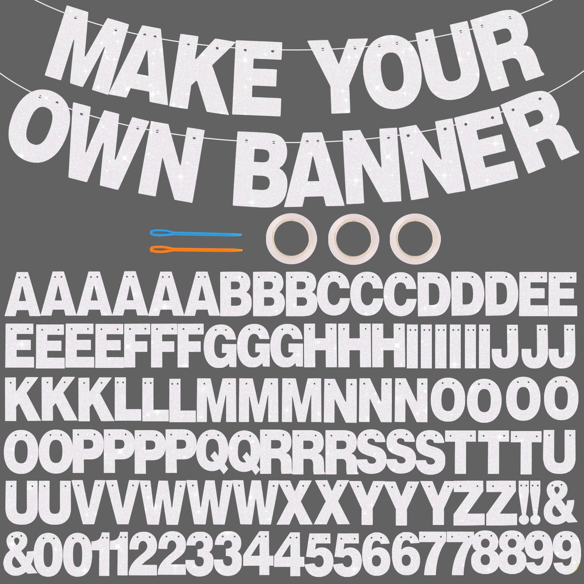 BEISHIDA 116 PCS A-Z DIY Letter Banner Kit Make Your Own Banner Including 111 Letters and Numbers 3 Rope and 2 Threading Device,Customized for Birthday Graduation Wedding Decor Glitter White