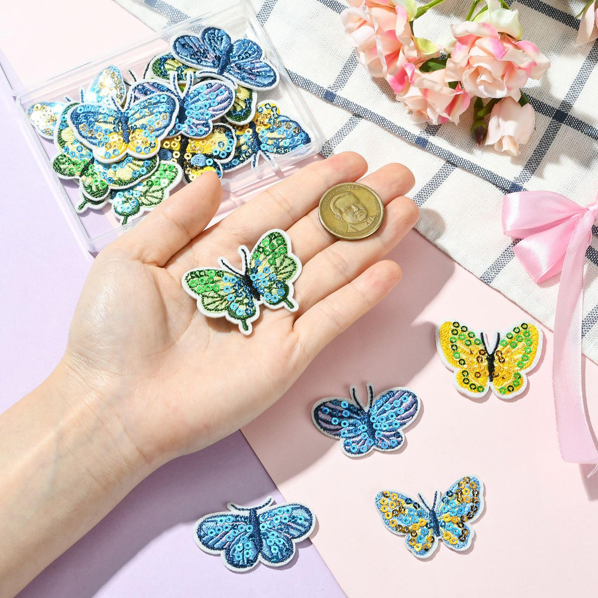 Gythara 16 Pcs 8 Styles Spring Butterfly Theme Polyester Patches Sequin Insect Animal Iron on Embroidery Appliques for Clothes Bag Backpack Sewing Craft Costume Accessories