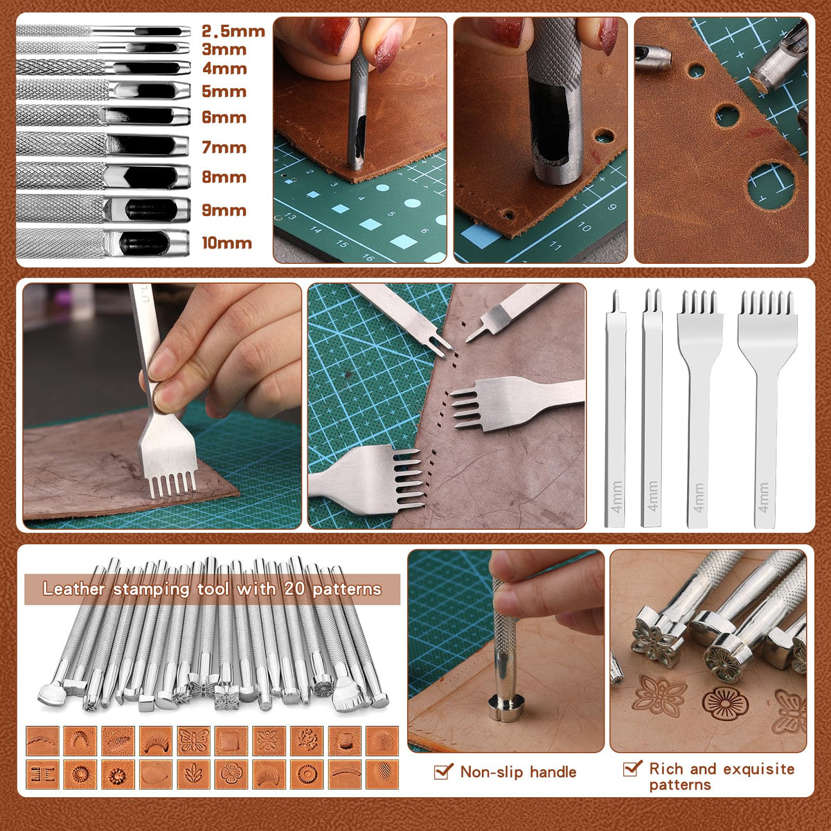 TLKKUE Leather Tooling Kit Leather Craft Tools Leatherworking Kit with Custom Handbag Cutting Mats Engraving Punching Sewing Stamping Sanding Tools for Handicraft Work Professional