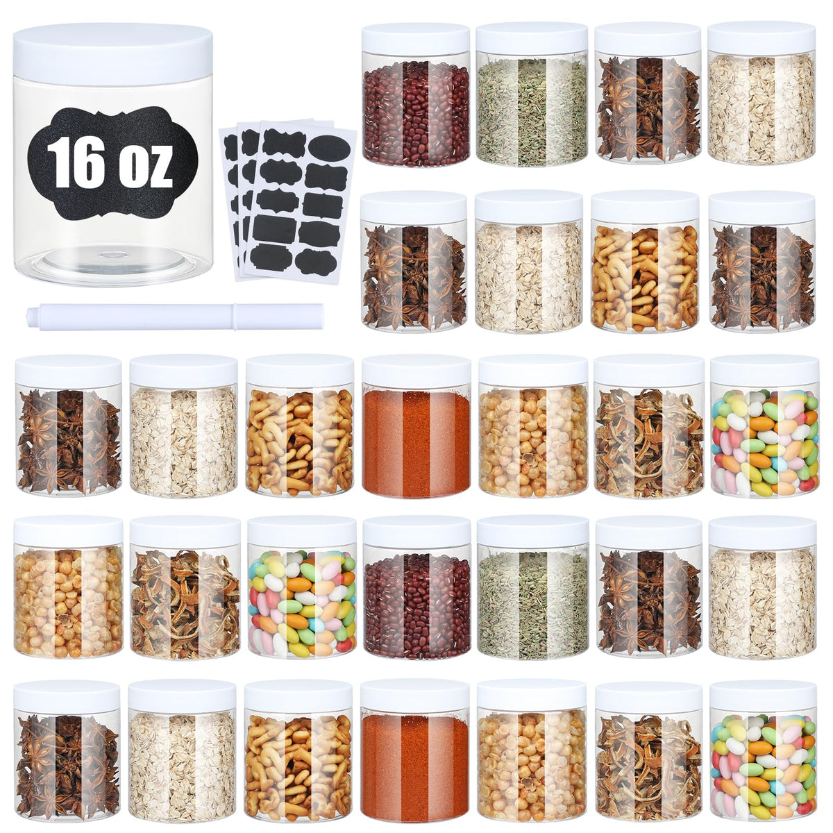 Plastic Jars with Lids,Airtight Container Ideal For Dry Food, Honey Jam, Peanut Butter,Cosmetics, Cream, Bathroom and Storage Included Extra Label and A Pen (30 PCS White Lids)