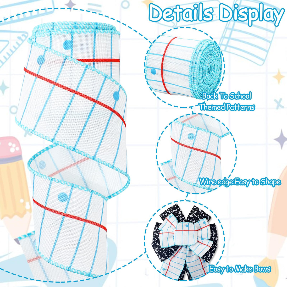 Whaline Back to School Wired Edge Ribbon 2.5 Inch Notebook Composition Fabric Wrapping Ribbon for First Day of School Classroom Party DIY Crafts Wreath Bow Making, 2 Rolls, 20 Yard