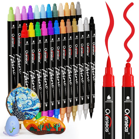 Overseas 24 Dual-Tip Acrylic Paint Markers Pens - Acrylic Paint Pens with Brush and Dot Tip, No Bleeding Coloring Marker for Wood, Rock, Glass, Metal, Ceramic, Plastic, Fabric, Teacher Supplies