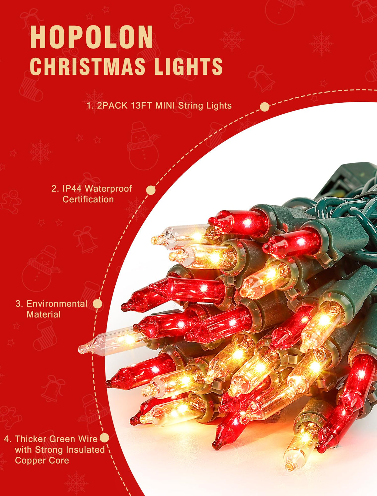 Hopolon Christmas String Lights, 50 Count, 13FT Connectable Mini Lights, Red and Warm White, Waterproof, Incandescent, Model QX-50-1-M