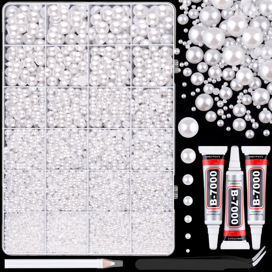 14000Pcs Flatback Pearls for Crafting (White), Assorted Size 2/3/4/5/6/8/10mm Half Pearl Bead Gems with 3Pcs 10ml B7000 Jewelry Glue, Bedazzling Kit for Crafts Shoes Graduation Cap Nail Art