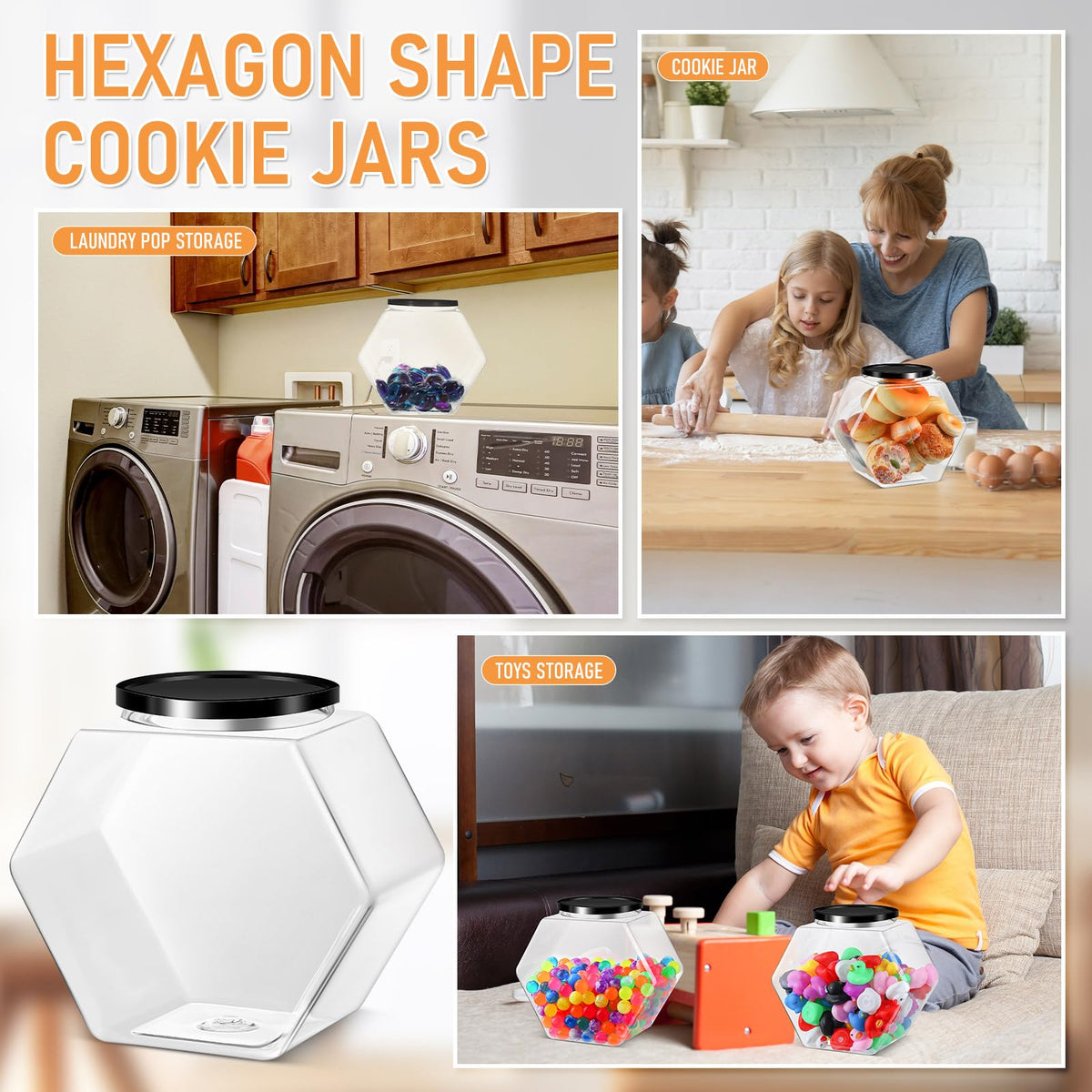 Norme 4 Pcs 129 oz Plastic Candy Jars with Lids Hexagon Cookie Jars for Kitchen Counter Candy Bar Containers Acrylic Clear Containers for Buffet Storage Display Dog Treat Laundry Pod Buffet Craft