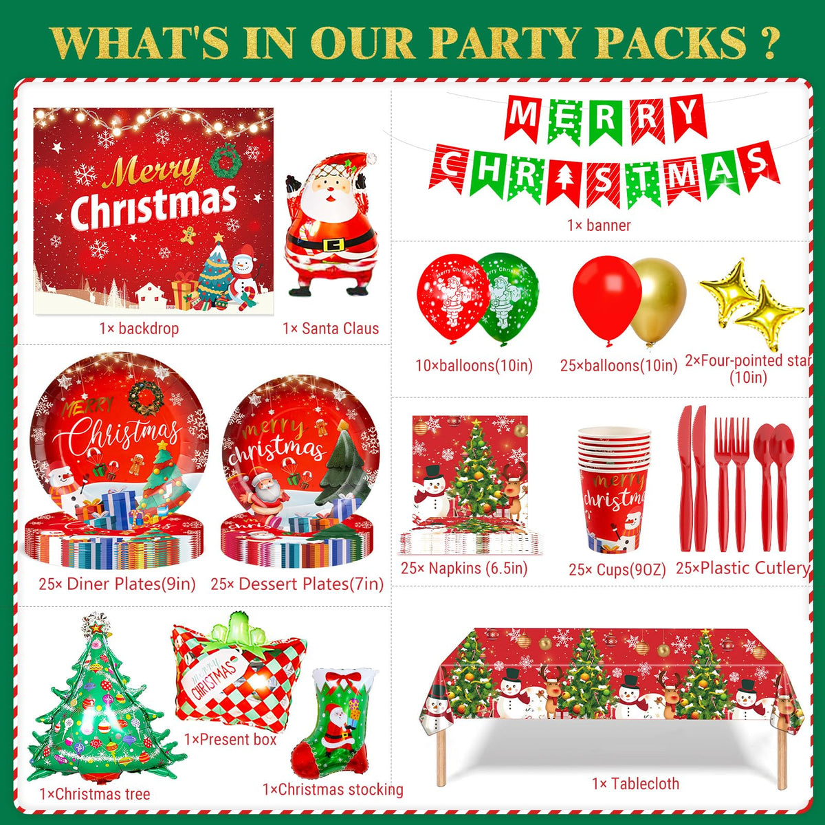 Christmas Party Decorations Xmas Party Supplies Serves for 25-Balloon, Banner, tablecloth, Backdrop, Disposable Paper Plate, Cup, Napkins, Knife, Fork, Spoon