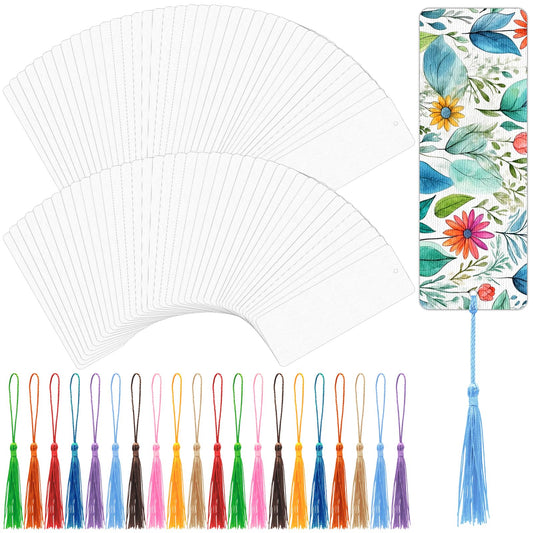 DSYIL 100 Sets Watercolor Paper Bookmarks with Tassels, Blank Book Marks Making Kit, Heavyweight Watercolor Paper Cards Bulk for Classroom Projects and DIY Craft, 5.5 x 2 Inches