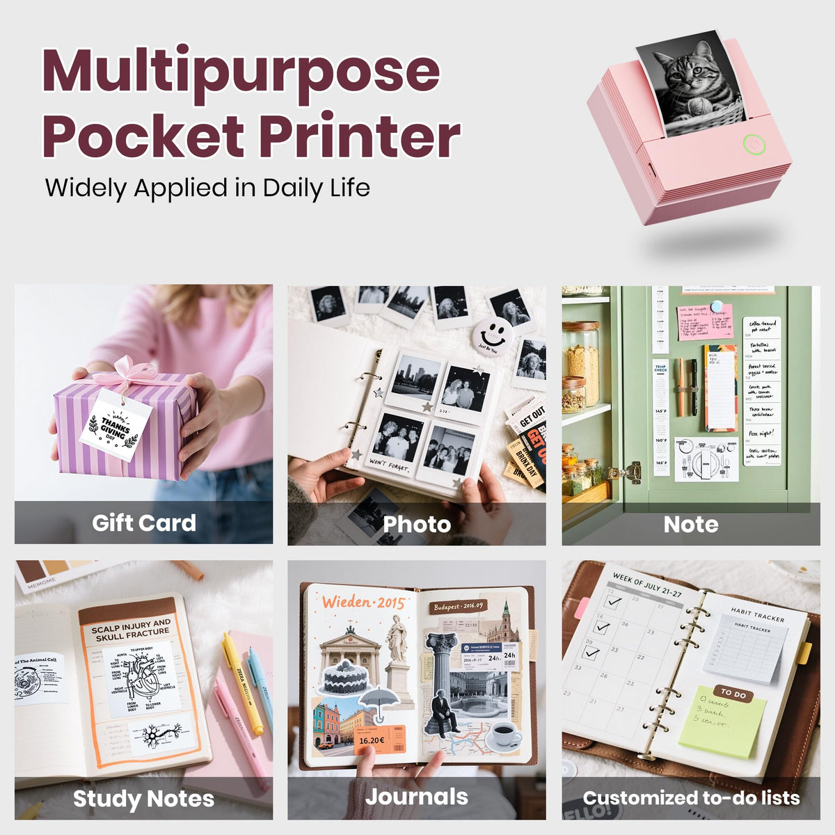 ETIKEZ Sticker Printer, PM290C Portable Mini Printer, Inkless Bluetooth Sticker Maker with 3 Rolls Paper, Impresora Portátil for Notes, DIY, Gift, Smart AI APP, Print Pod for Office, Pink 1pack