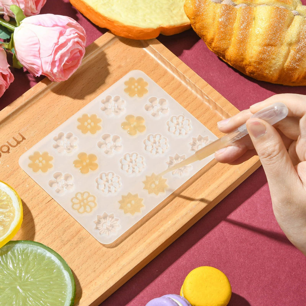 Stiesy 4 Pcs Button Silicone Molds Fruit Flower Star Shape Buttons Charms Epoxy Resin Mould for Resin Jewelry Casting Mold DIY Sewing Craft Decorations Making Tool