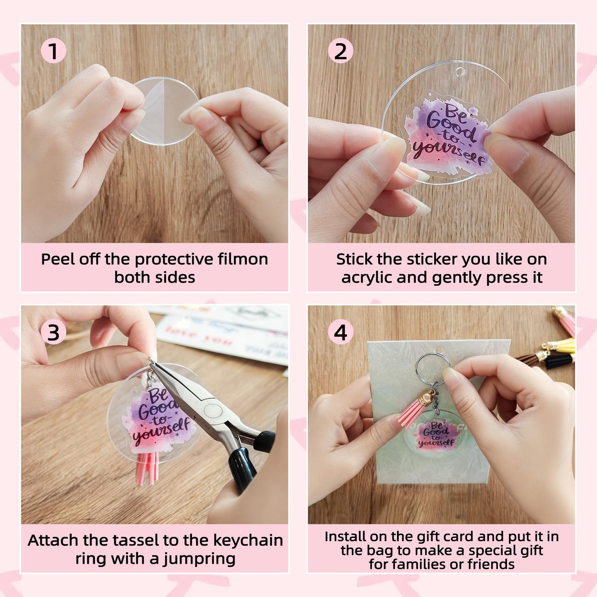 Acrylic Keychain Blank Set,128 Pcs Key Chain DIY Kit with Clear Circle Blank,Keychain Ring,Display Card,Packing Bag,Jump Ring,Tassel,Vinyl Encourage Phrase Sticker for Craft Employee Appreciation Gift