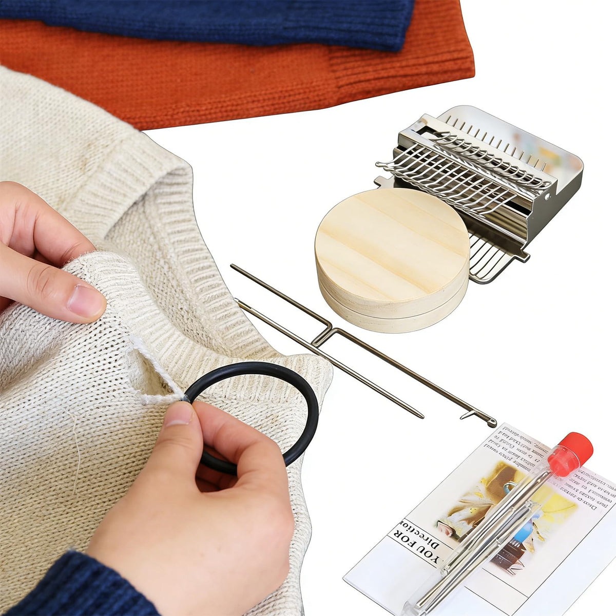 Complete Darning Loom Kit for Clothes Repair & Mini Weaving | Includes Wooden Loom, 14 Needles, Elastic Bands, Stitch Markers | Portable Sewing/Mending Tool for Socks, Sweaters