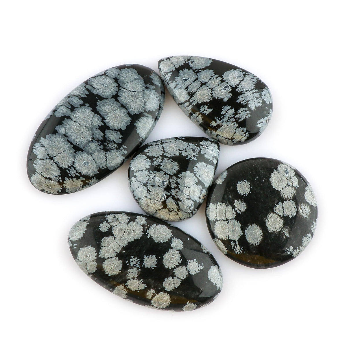 CRYSTALINES 5pcs, Natural Snowflake Obsidian Gemstone Cabochon, Wholesale Flatback Crystal for Jewelry Making, Polished Stones, Bulk Loose Supply, Artisan Crafts, Wire Wrapping, Gem Collection