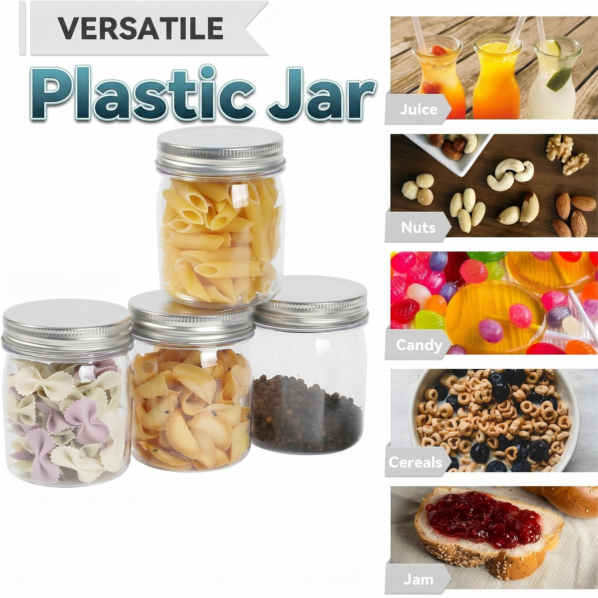 novelinks 8 oz Clear Plastic Jars with Airtight Lids, 32 Pack Plastic Mason Jars with Lids 8oz, Refillable Storage Slime Containers & Small Spice Jar for Kitchen Organization (32 Pack,Silver)