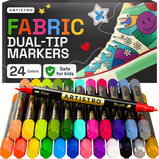 ARTISTRO 24 Dual-Tip Fabric Markers - Fabric Decorating Kit - Permanent for Clothes - Acrylic Paint Pens for Sneakers, Bags, Shoes, Textile, Canvas, Sewing, Craft, DIY - Brush and Fine Tip