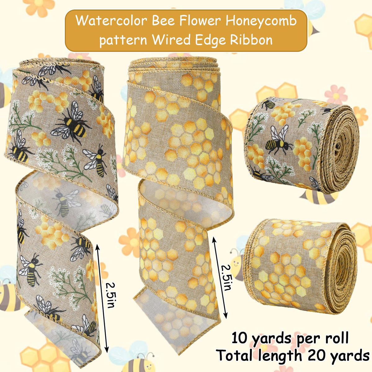 JarThenaAMCS 2 Rolls Bee Wired Edge Ribbons Craft Ribbon 2.5 in 20 Yards Bumble Bee Honeycomb Fabric Wrapping Ribbon for Bow Wreath Summer Party Home Decor