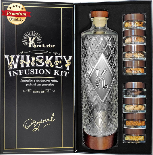 DIY Whiskey Gifts for Men - DIY Whiskey Infusion Set - Whiskey Making Kit - Decanter Set with Botanicals & Wood Chips - Bourbon Decanter & Birthday Gifts for Men