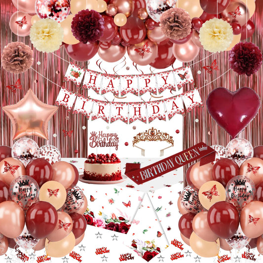 Burgundy Rose Gold Birthday Decorations with Happy Birthday Banner, Balloons, Sash, Crown, Butterfly, Hanging Swirls, Flower Tablecloth, Fringe Curtain, Pompoms for Women Girls Party Backdrop Supplies