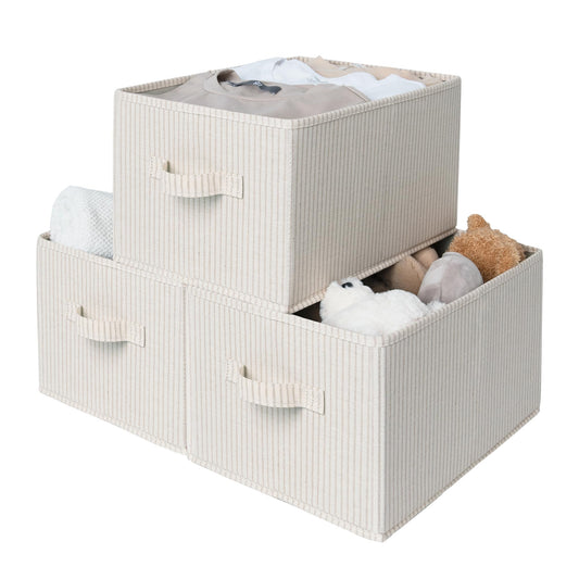 StorageWorks Foldable Shelf Organizer Bins, Closet Storage Baskets for Clothes, Fabric Storage Bins for Shelves, Beige Stripes, 3-Pack, Large