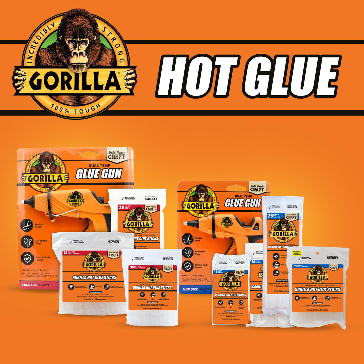 Gorilla Hot Glue Gun Kit (Pack of 1 Full Size Hot Glue Gun and 45 Sticks) - Dual Temp, Precision Nozzle, and Easy Squeeze Trigger
