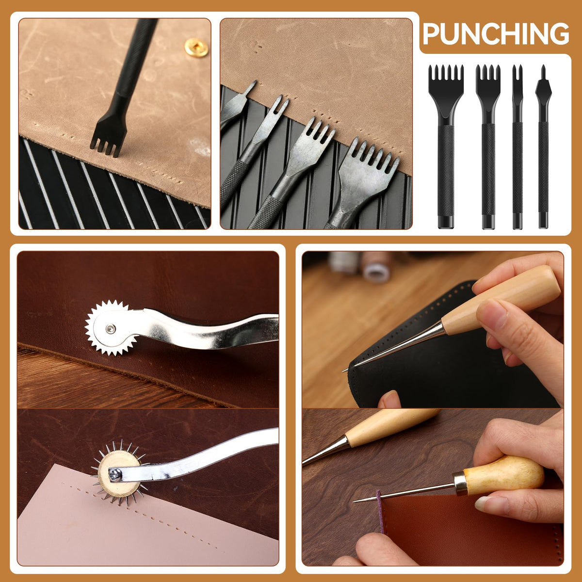 60 Pcs Leather Working Kit Leather Sewing Kit Leathers Craft Tools with Storage Bag Stamping Tools Stitching Groover Waxed Thread Prong Punch for Craft Making Stitching and Punching