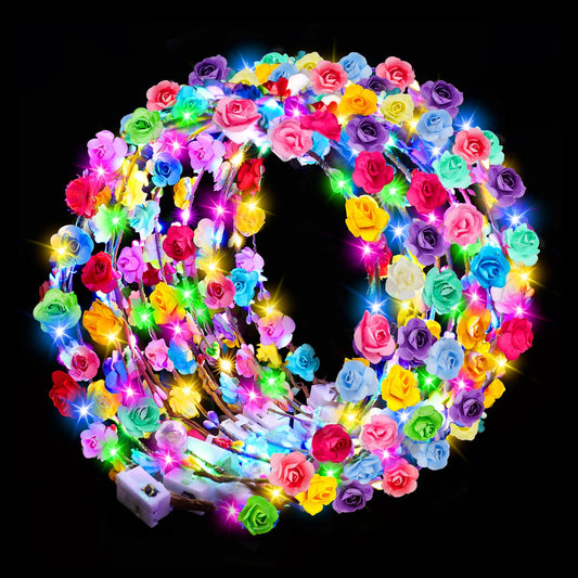 HONLYNE 24 PCS LED Flower Crowns Headbands, Light Up Flower Crowns for Women & Girls, Glow in The Dark Flower Hairbands Wreath for Wedding Beach Party Birthday Cosplay Gifts, Halloween, Christmas