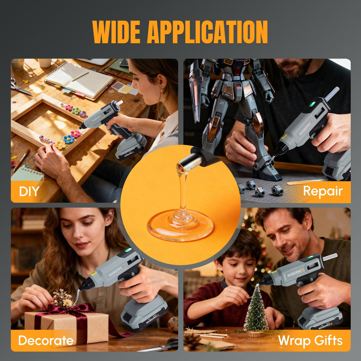 WORKPROX Cordless Hot Glue Gun, 90min Runtime, 20V Rechargeable Full-Size Glue Gun Kit with 20pcs Glue Sticks, 2Ah Battery, USB-C Charging Cord, Smart Power-Off for DIY Crafts, Repair, School Projects