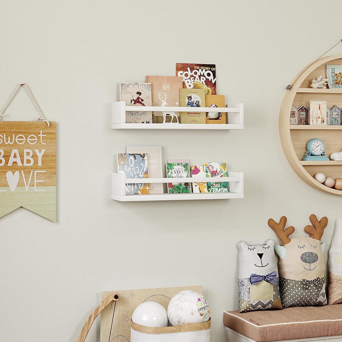 Onlysky Set of 4 Wall-Mounted Kid's Bookshelf - White Floating Nursery Book Shelves - Durable Wood Construction - Ideal for Nursery Decor, Kids Room, Toy Storage