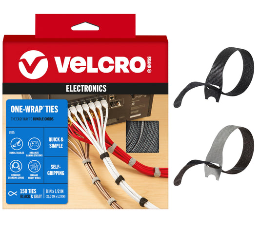 VELCRO Brand 150pk Cable Ties Value Pack, 8in | Gifts for Tech Lovers | For Wire Management and Cord Organizer | Replace Zip Ties with Reusable Straps, Reduce Waste